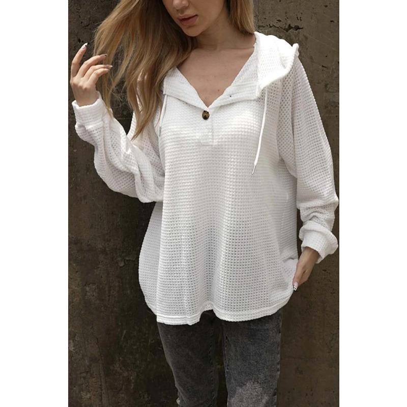 

Женская новая однотонная толстовка в клетку «ананас» с капюшоном, застежкой на пуговицы и шнурком, с V-образным вырезом, повседневная свободная, с длинным рукавом XXL белый