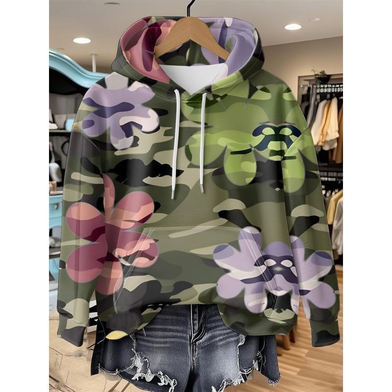Womens Relaxed Fit Hooded Long Sleeve Sweatshirt With 3D Floral Plaid Print Breathable Comfort Casual Top