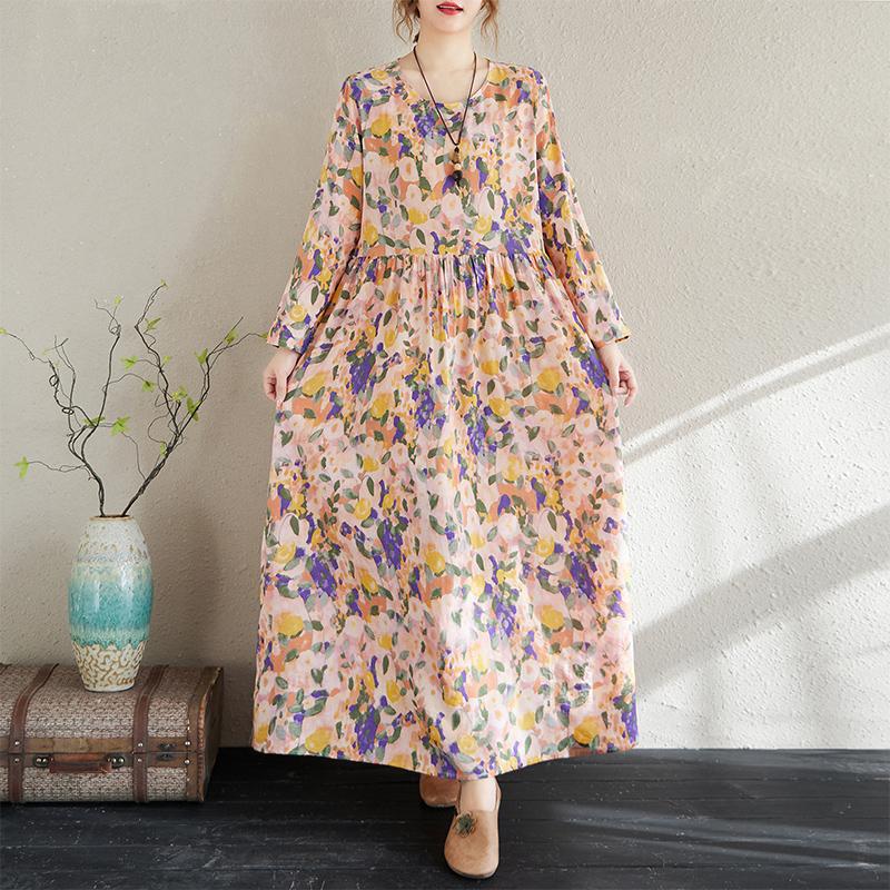 

DIMANAF 2025 Women Plus Size Spring Long Dress Vintage Long Sleeve Holiday O-Neck Floral Loose Casual Maxi New 2XL розовый