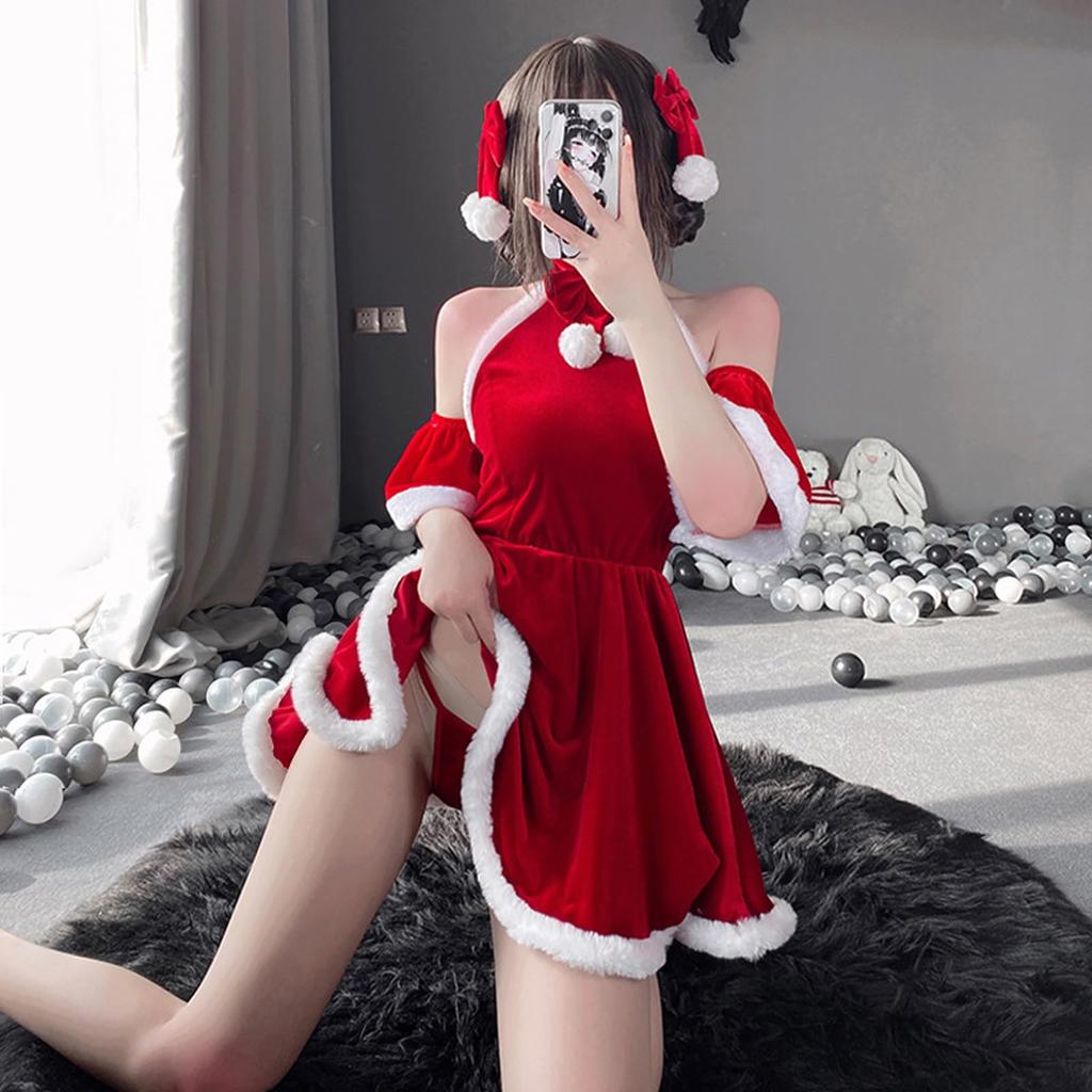 Qecyd Sexy Santa Costume with Ribbon Hair Perfect for Stage New Cultural and One Size Fits Women's Accessory, Christmas, Parties, Performances, Year's