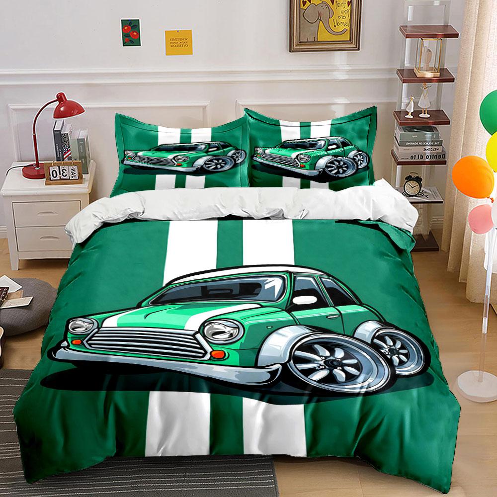 Green car, white stripes. Bedding sets Duvet cover sets Duvet covers Pillowcases(1 * Duvet Cover 2 * Pillowcases without duvet insert)