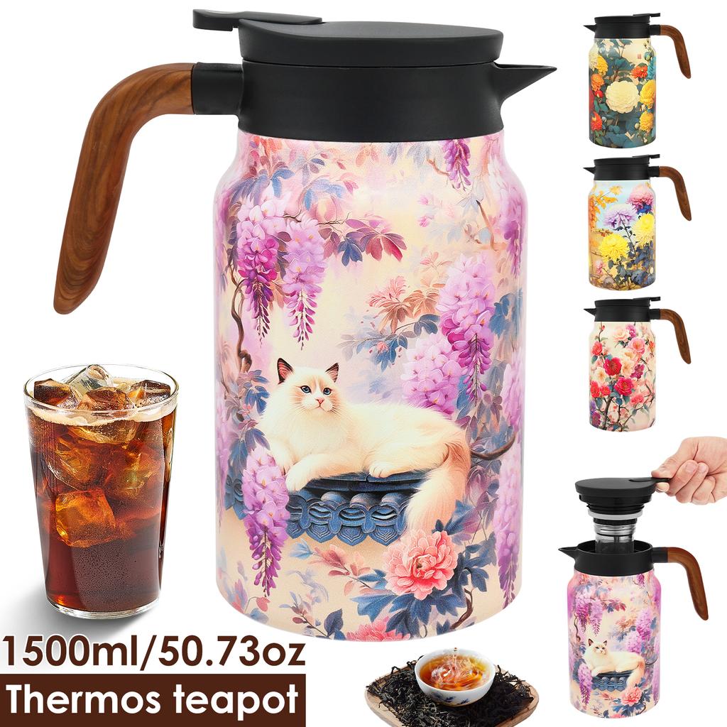 1500 ML Vintage Blumendekor Teekanne Edelstahl-Teekanne mit integriertem Sieb Mehrzweck-Thermoskannen für Kaffee für Zuhause