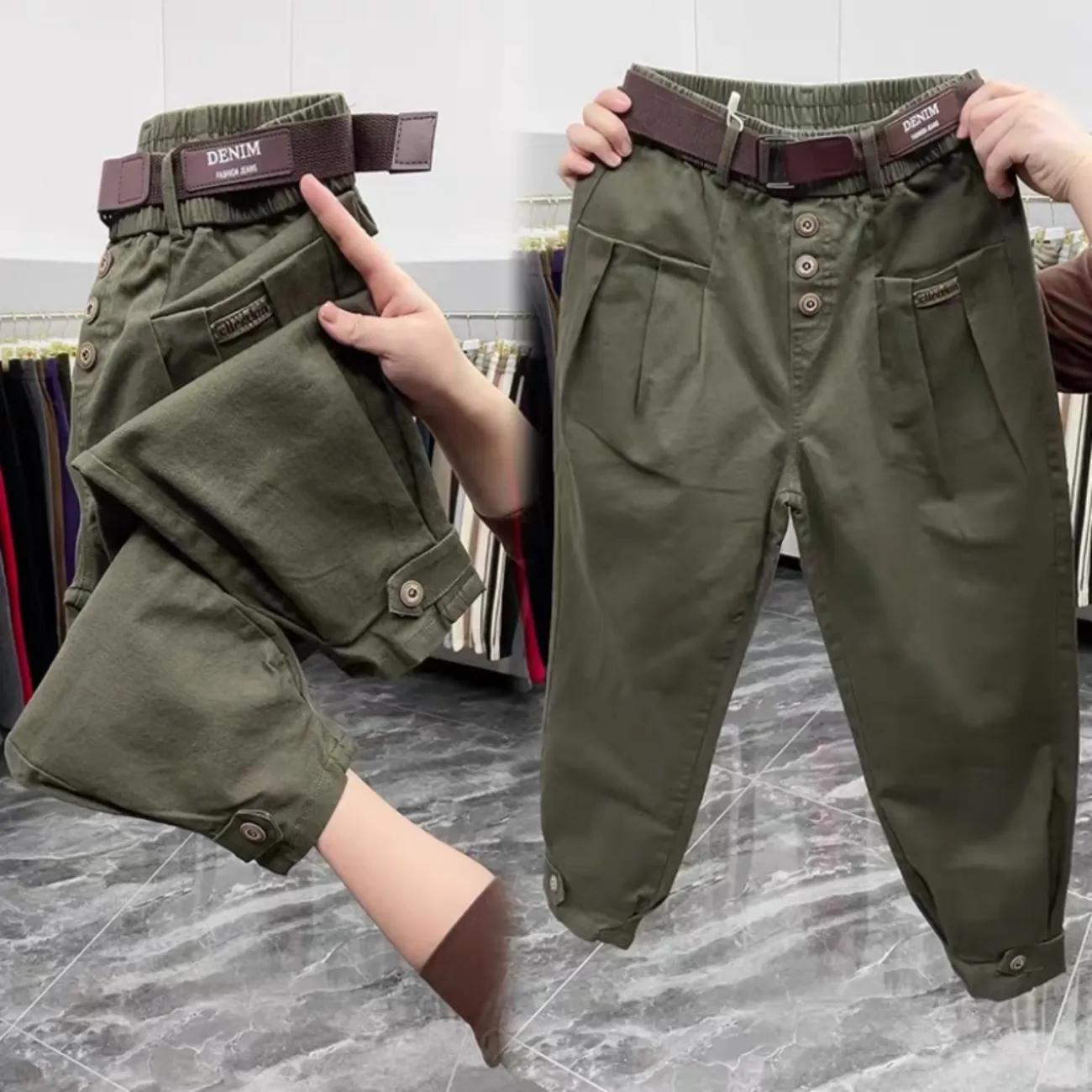

Women Spring and Autumn Solid Color Pants Loose Casual Design Harem Pants XS зелений