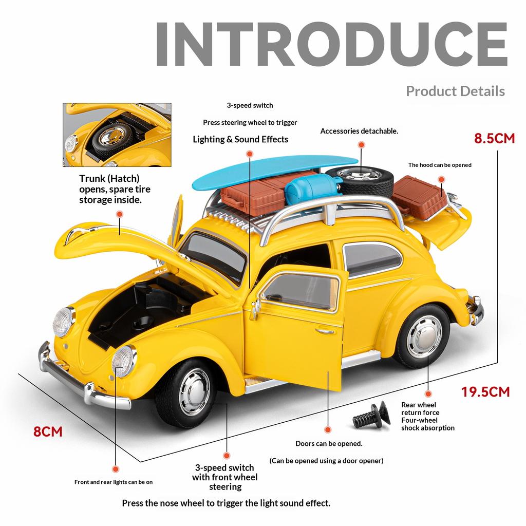 Beetle alloy die-cast car model 1/24 simulated sound and light retro car toy collection ornament holiday gift