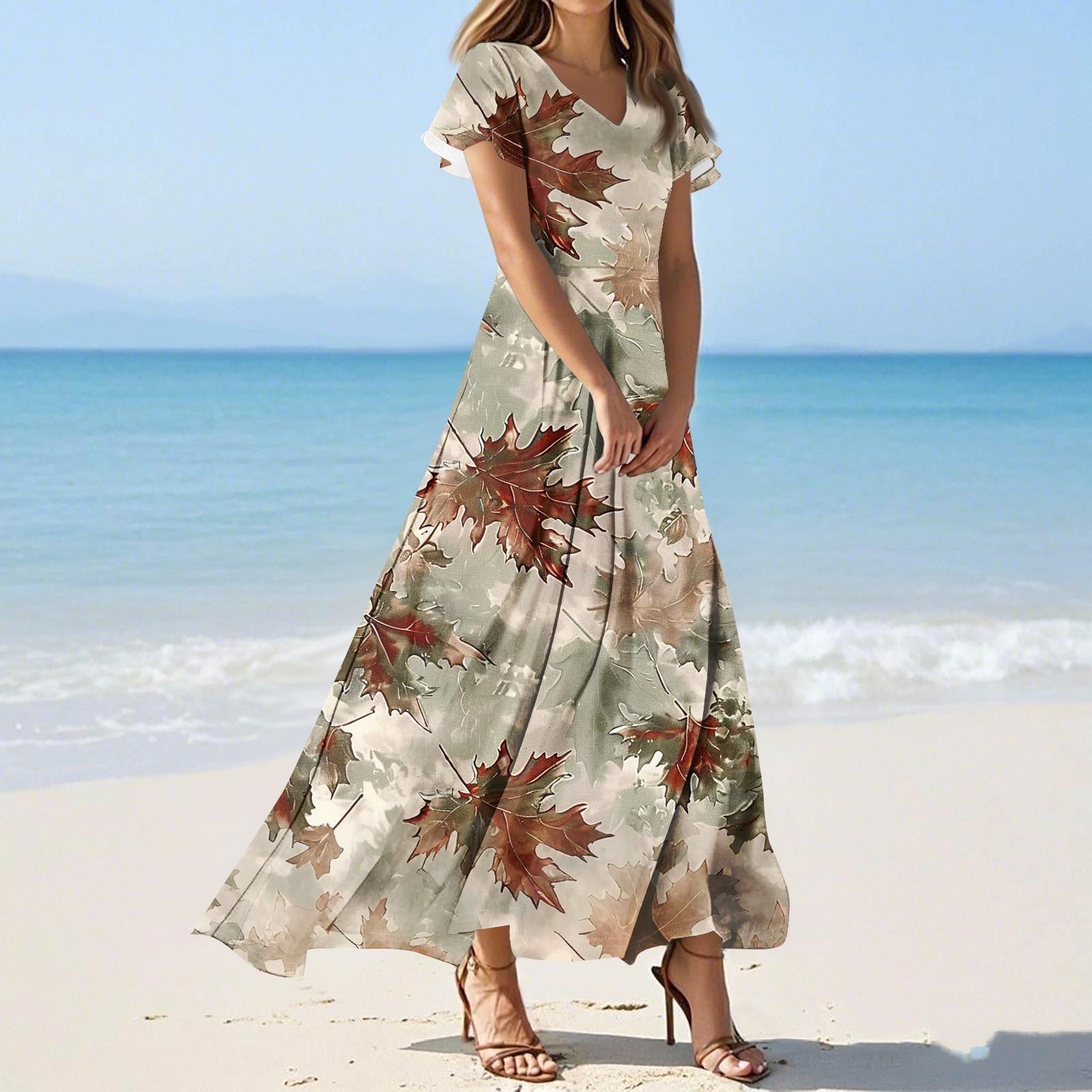 

Women s Casual Fashion Print Long Dresses V-Neck Short Sleeve Dresses L