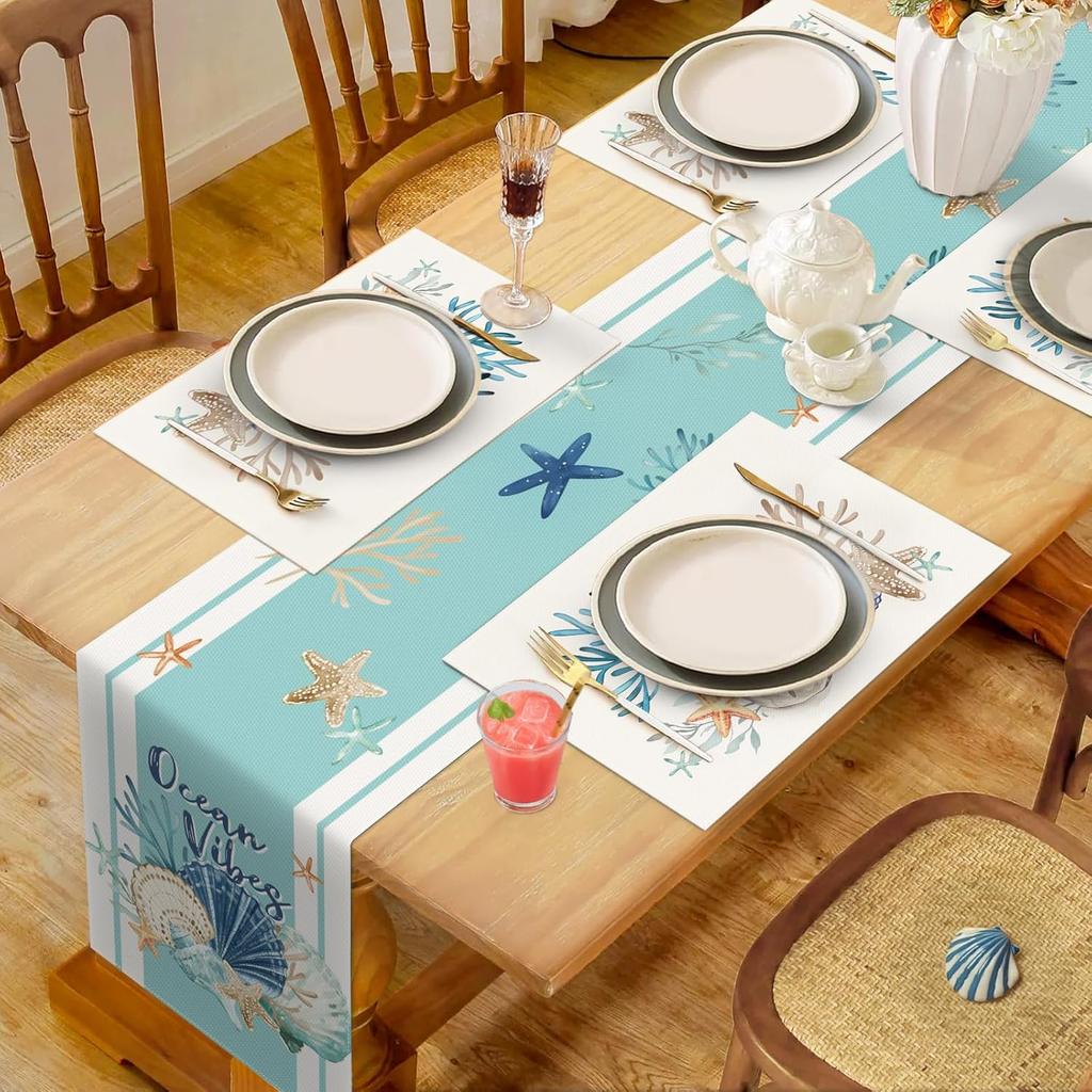 Bonhause Nautical Coastal Placemats Set of 4, 12x18 Inch Beach Starfish Seashell Ocean Coral Summer Kitchen Dining Table Mats Washable Place Mats for
