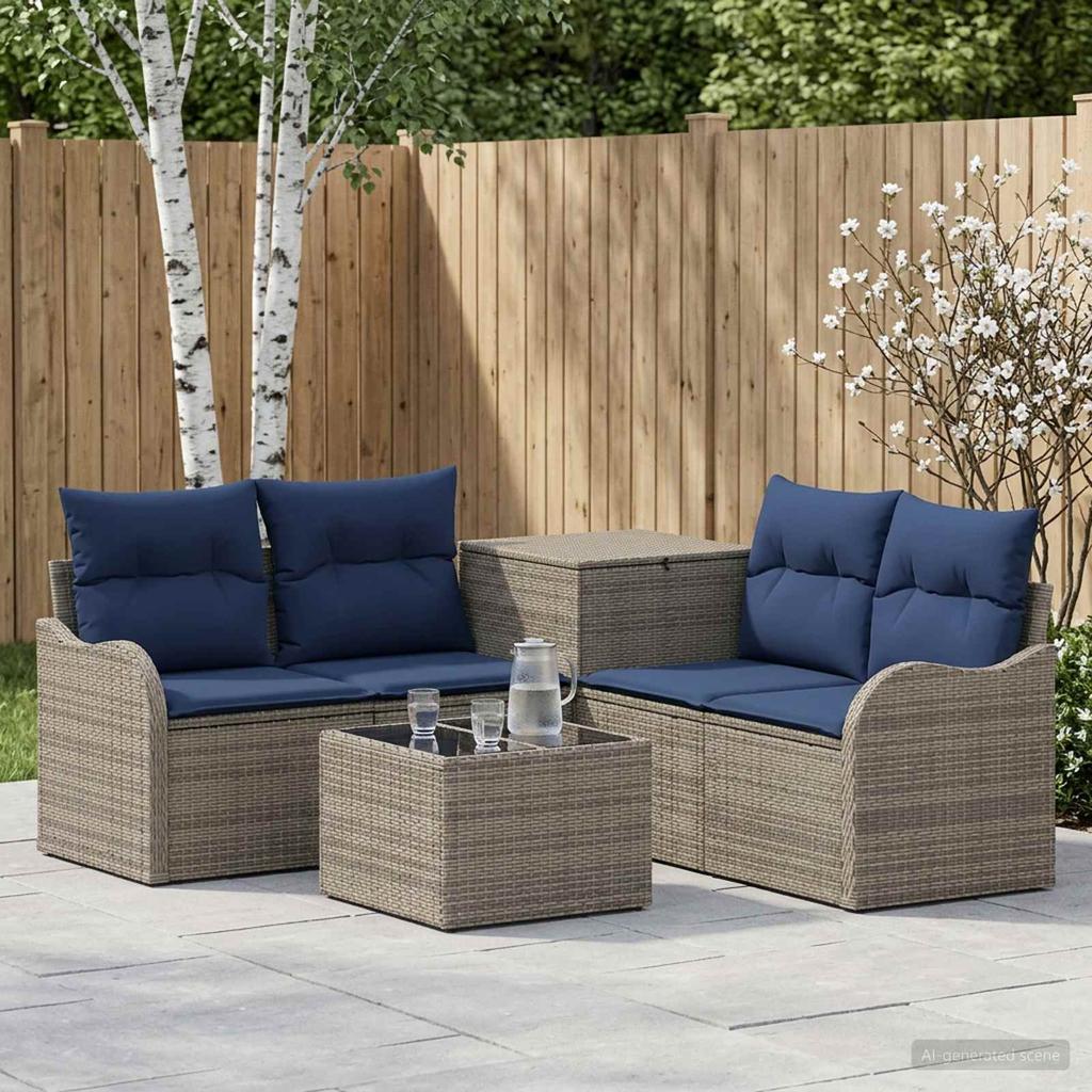 Sofa Set 6 Pieces Gray and Navy Blue Poly Rattan and Steel