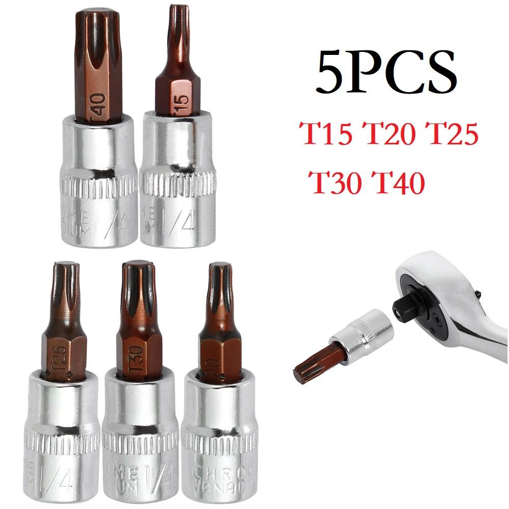 5 Pcs For Torx Screwdriver Bits 1/4 Inch Drive Socket Head Tools For T15 / For T20 / For T25 /ForT30 T40 Power Tool Accessories