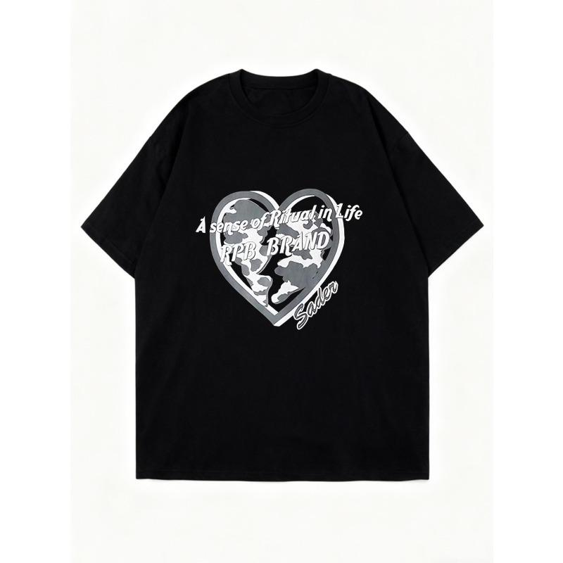 Oversized T Shirt Black Heart World Map Print With A Sense Of Ritual In Life And Ptb Brand Sader Text For Casual Wear