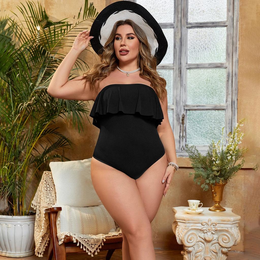 Large size tube top one-piece swimsuit, lotus leaf edge pit strip to cover the belly and look thin and fat MM hot spring vacation one-piece swimsuit