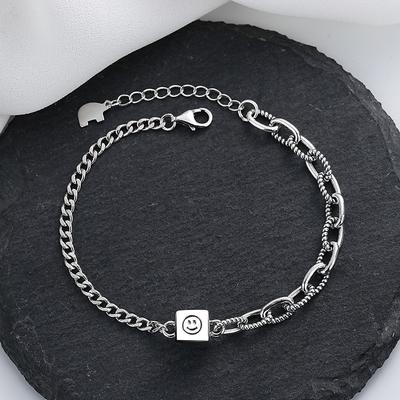 S925 Sterling Silver Creative Smiley Face Square Stitching Tank Chain Bracelet Retro Fashion Trend Female Ins Jewelry