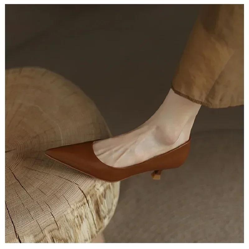 Fashion Spring and Summer New Minimalist Shallow Mouth Slim Heel Single Shoes Female Pointed High Heels Small Leather Shoes