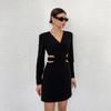 V-Neck Solid Color Hollow Out Dress for Women Spring Summer Long Sleeves A-Line Dress Zipper Office Ladies Dresses
