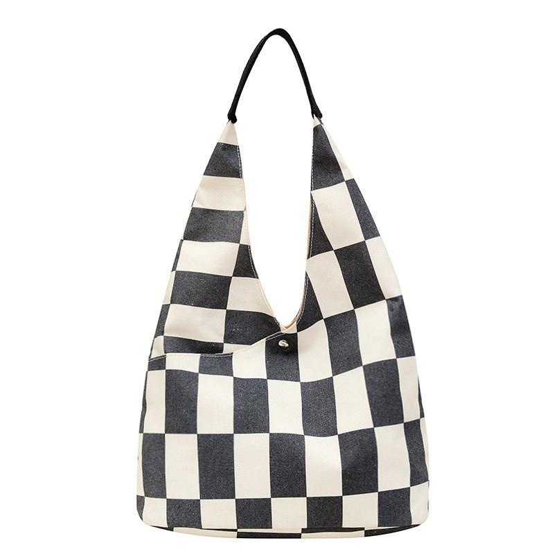 Stylish Autumn Large Capacity Tote Bag Colorful Printed Plaid Canvas Bag For Women Style 3