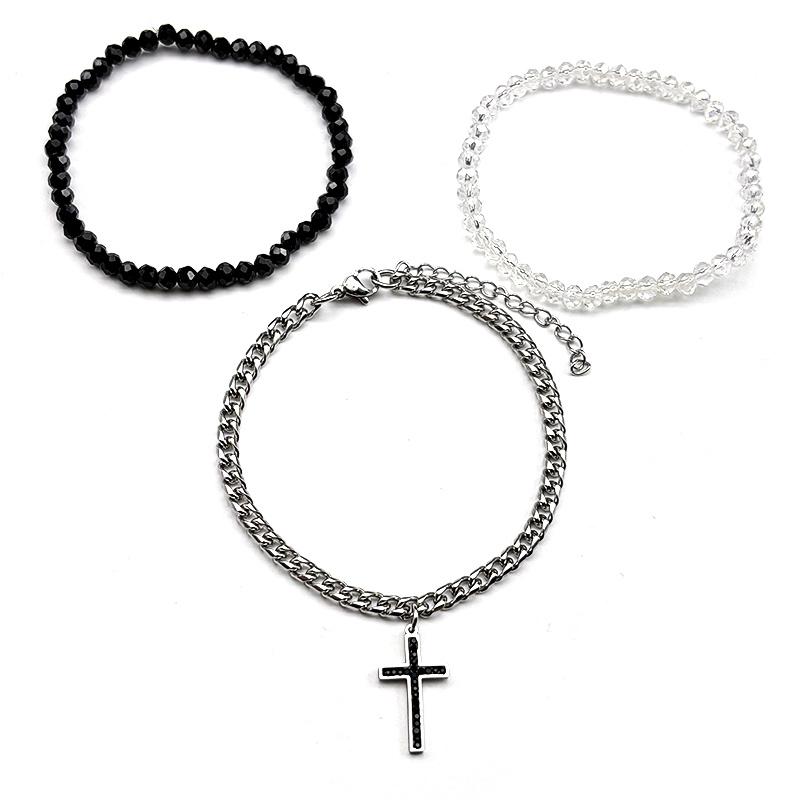 Christian Crystal Cross Multi-layer Bracelet for Men Women Stainless Steel Silver Color Glass Beads Hand Chain Religion Jewelry