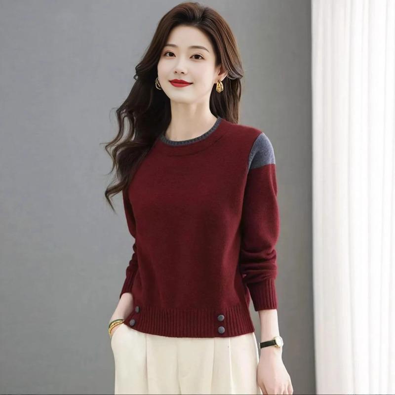 Autumn and winter new loose bottoming shirt with knitted top crew neck contrasting sweater women's clothing