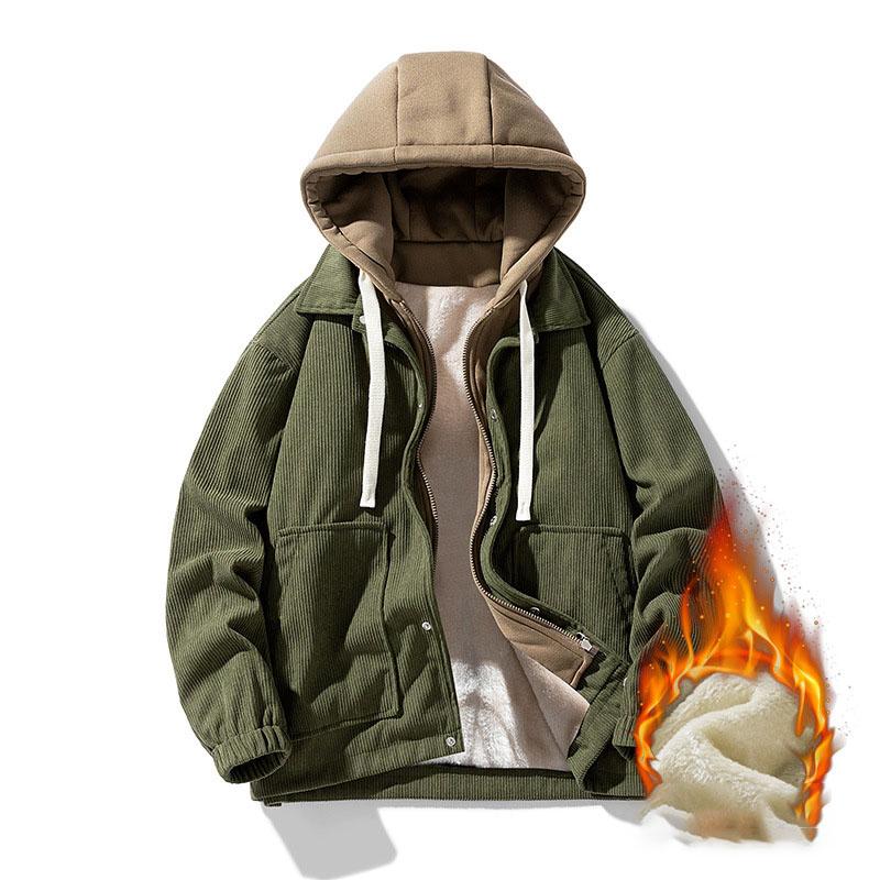 Mens Hooded Corduroy Work Coat Male Fashion Causul Fales Two Piece Autumn And Winter Long Sleeved Outwear Outdoor Hiking Jacket Mens
