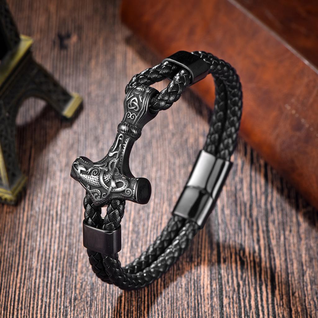 New European and American Fashion Stainless Steel Braided Leather Rope Men's Bracelet Viking Jewelry