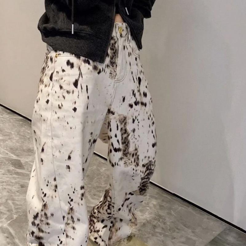 High Street Retro Leopard Print Straight-Leg Jeans for Women