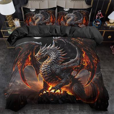 [Christmas Halloween Birthday] Animal Duvet Cover Set King Queen Style Quilt Cover Dragon Print Bedding Set Guest Room