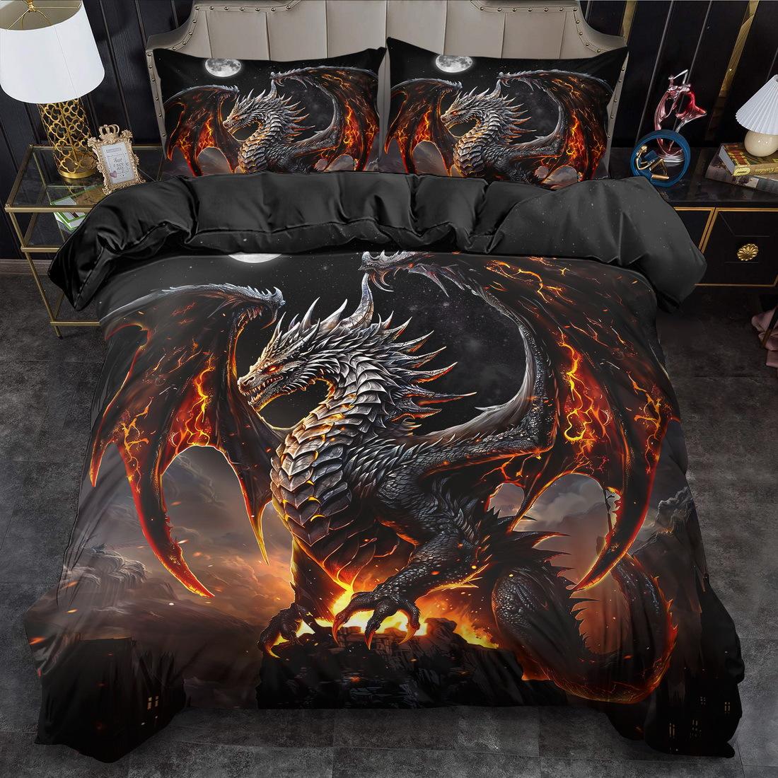 

[Різдво Хелловін День народження] Набір постільної білизни з підковдрою тваринного стилю King Queen Принт з драконом Набір постільної білизни для гостьової кімнати Duvet Cover Set&EU Single(135x200cm)