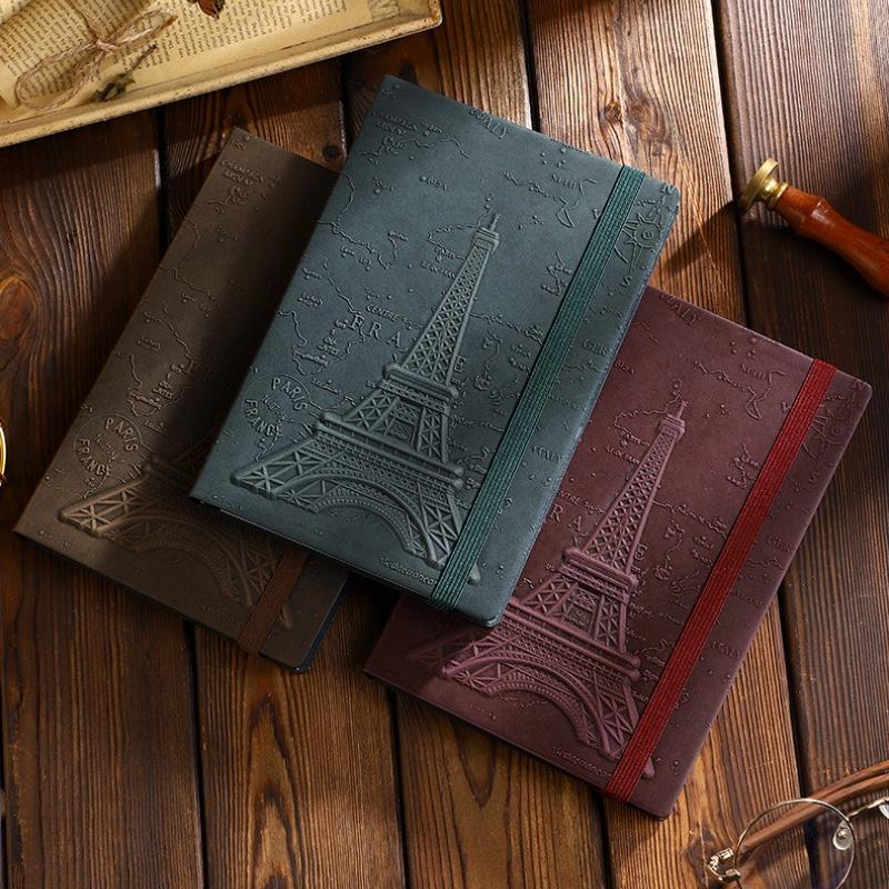 A5 Three-dimensional Embossed Iron Tower Retro Notebook Thick Paper Strap Hardcover Hand Ledger Diary Business Notes