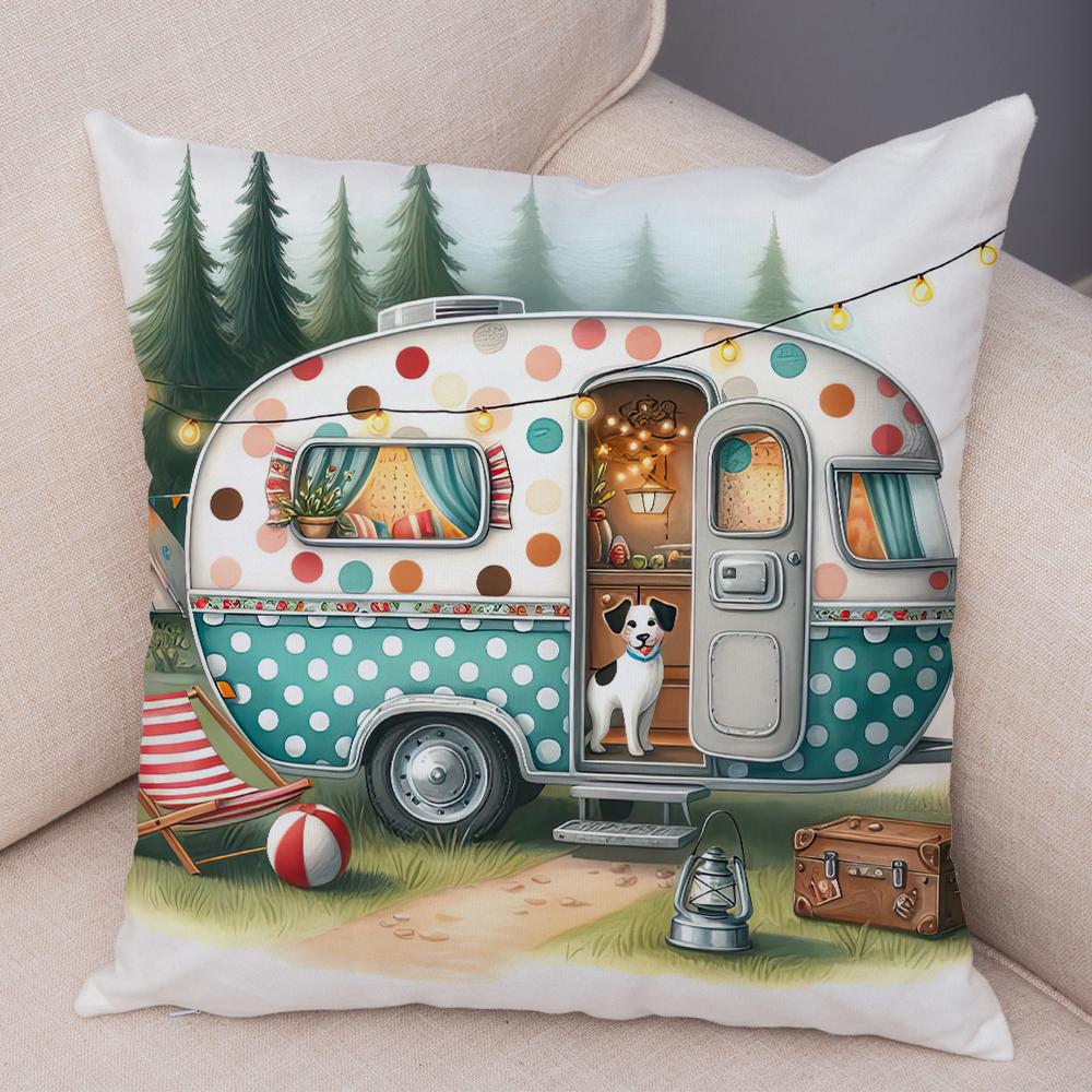 Happy Campers Pillow Case Double Print Decor Cartoon House Travel Car Cushion Cover for Sofa Home Soft Plush Pillowcase