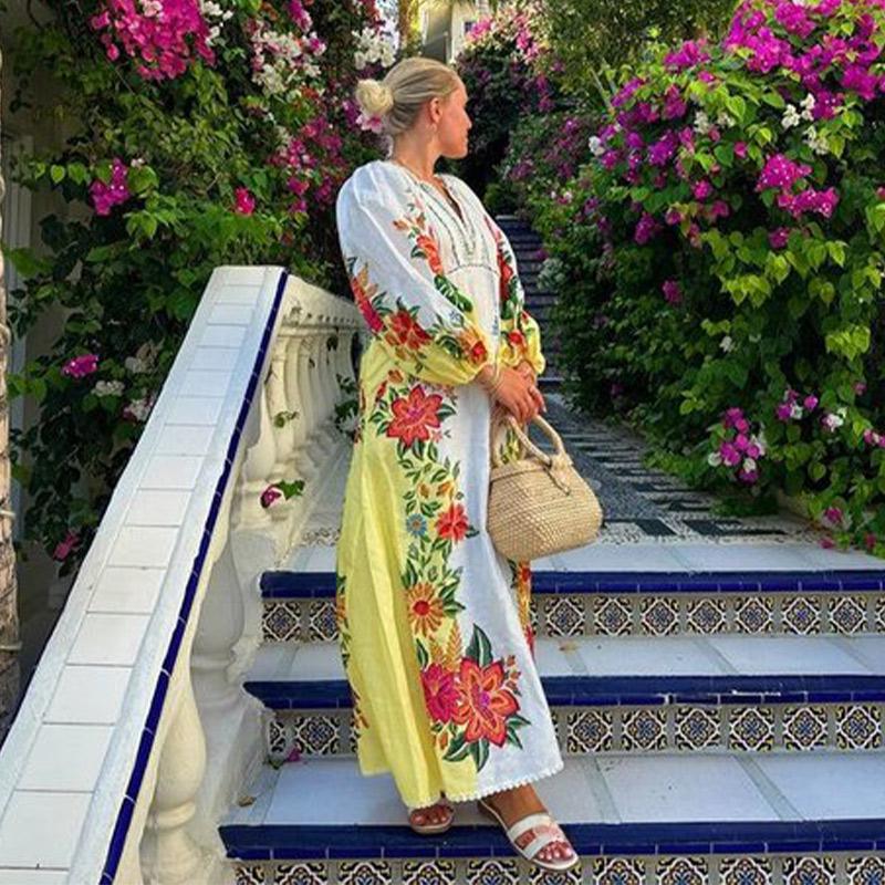 Print Linen Dress Plus Size Women Elegant Loose Lace Up V Neck Vintage Oil Painting Dress Summer Long Sleeves New Fashion High Waist Pastoral Style