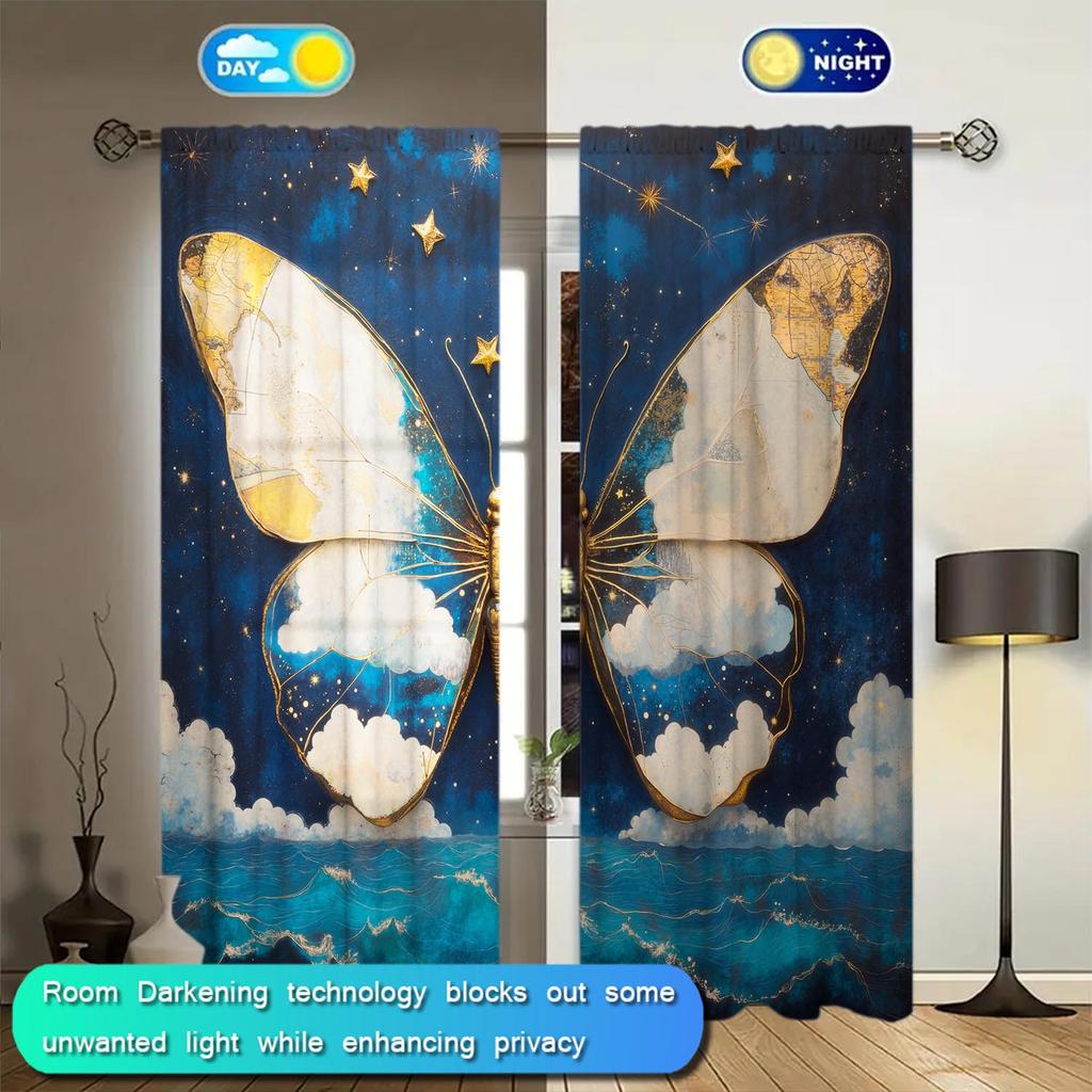 2pcs Starry Sky   White Clouds   Butterfly Decorative Curtains   Suitable for Family and Friends   Creative Graphic Curtains