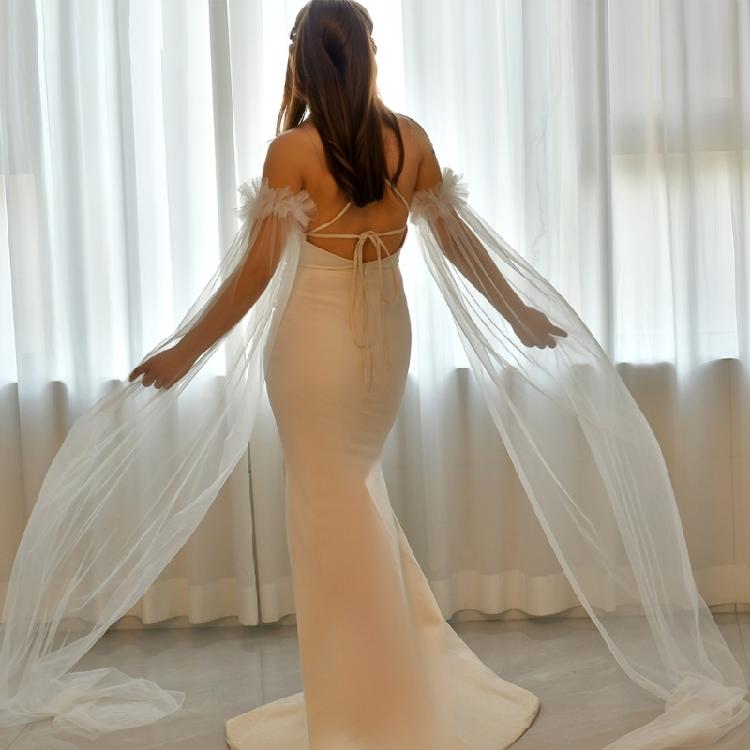 Flowy Tulle Bride Sleeve Covers Elasticated Wristband Seamless Integration For Evening Gowns And Photo Props