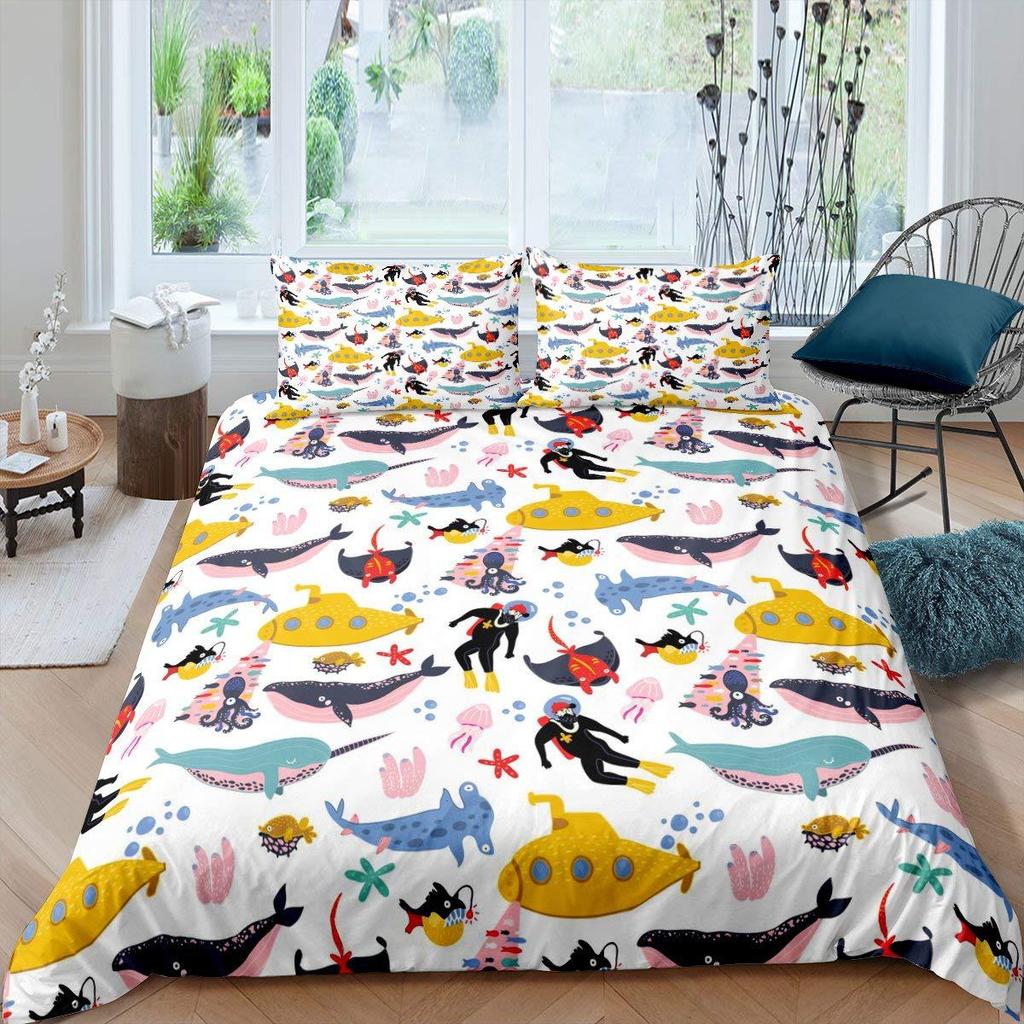 Ozeanblaues Wal Bettwäscheset U-Boot Tierdruck Bett Dreiteiliges Quiltset