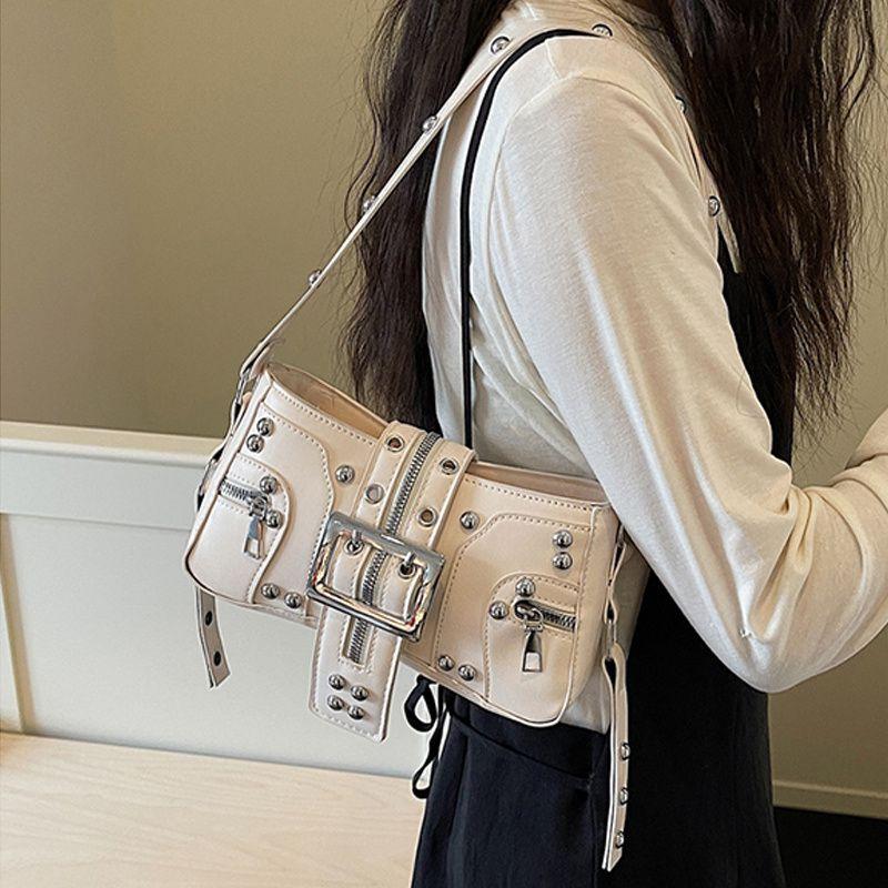 Yogodlns Borse a Spalla da Donna in PU Stile Punk con Borchie Moda Retro Y2k Stampa Leopardo Borsa Sottobraccio da Donna Design Raffinato con Cintura Borse Cool per Ragazze