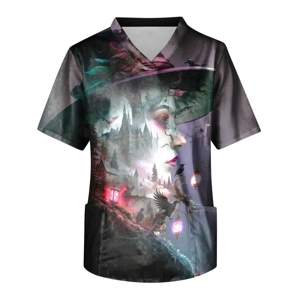 Herren Halloween Print V-Ausschnitt Kasack Kurzarm Medizinische Arbeitskleidung mit Tasche Leicht Bequem Passend für medizinisches Fachpersonal