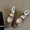 Sheepskin version~ Retro bow Mary Jane shoes women's round head elastic one-word strap ballet shoes light mouth low heel single shoes