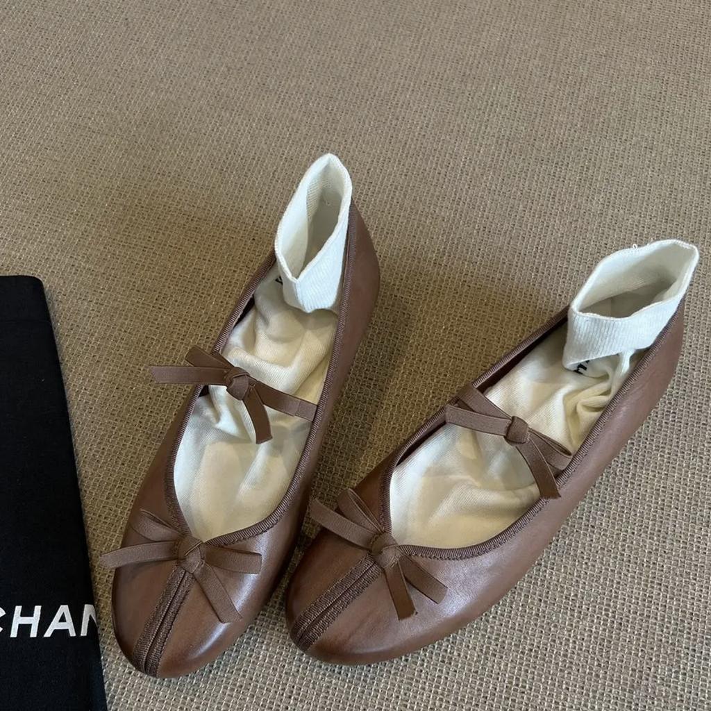 Sheepskin version~ Retro bow Mary Jane shoes women's round head elastic one-word strap ballet shoes light mouth low heel single shoes