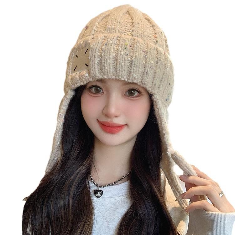 Autumn and Winter New Korean Version of Versatile Wool Hat for Women with Big Head Circumference Showing Their Face Small Rainbow Particles Patches