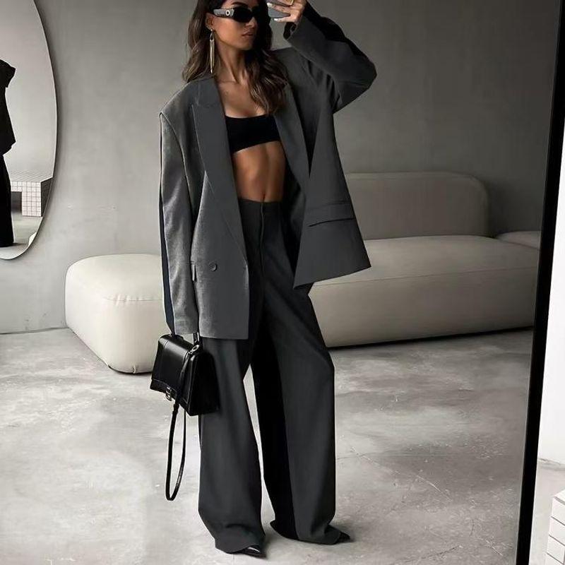 Fashion Wind Loose Contrast Color Long Sleeves Suit Pants Suit Loose Suit Wide Leg Pants Set