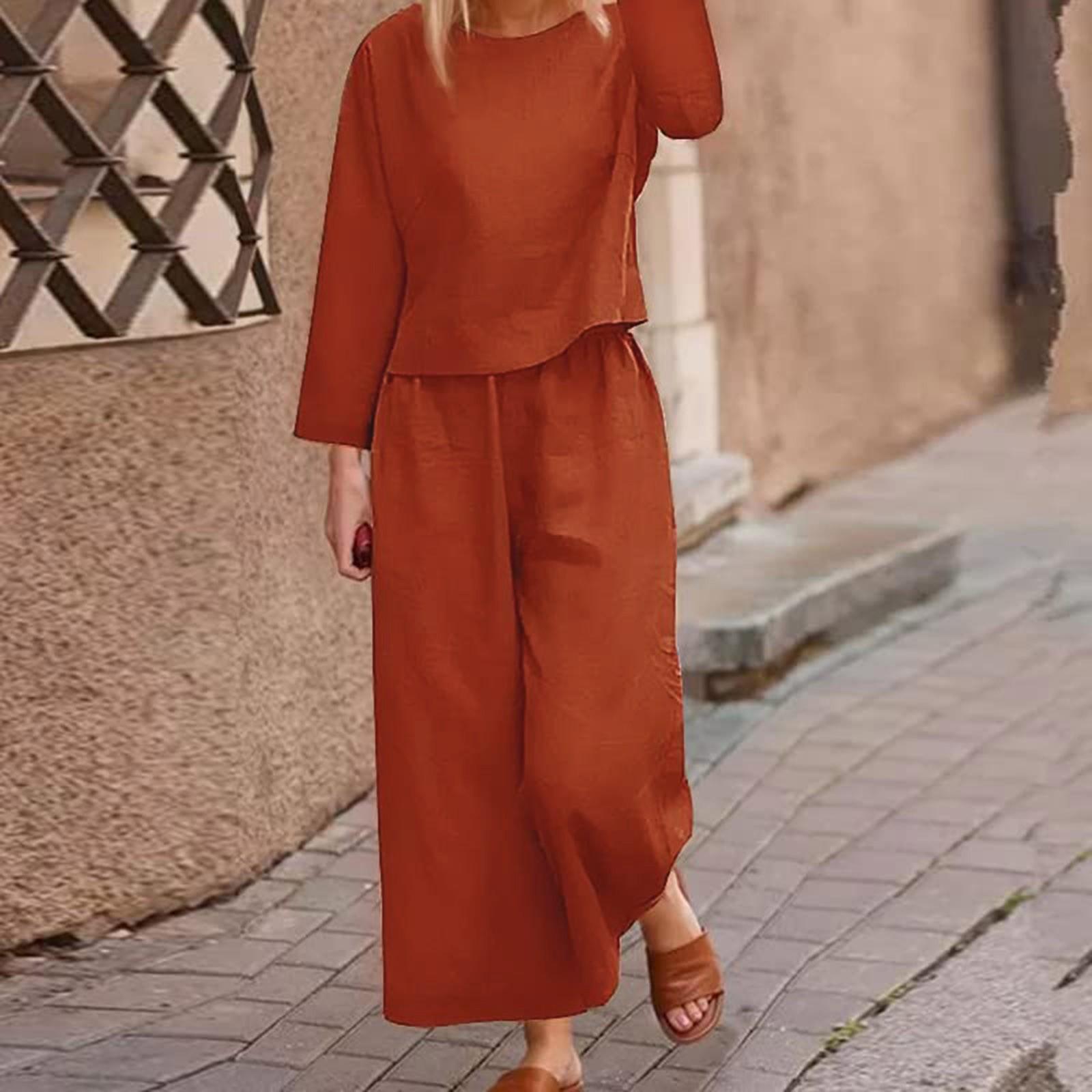 

Женский льняной костюм-двойка Льняной костюм Брюки и рубашки с длинными рукавами Повседневный брючный костюм оверсайз Льняная блузка с круглым вырезом Свободные льняные брюки XL оранжевый