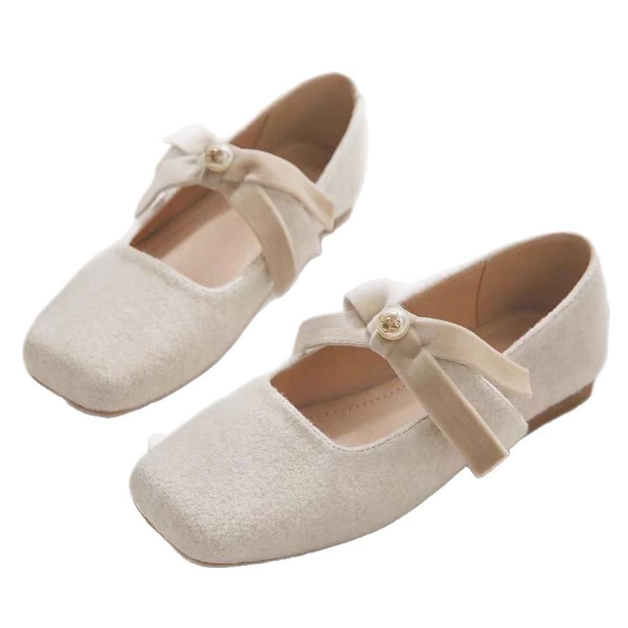 Sheepskin version~ Mary Jane shoes spring and autumn evening evening breeze gentle one pedal lazy with skirt woolen single shoes women's flat bottom