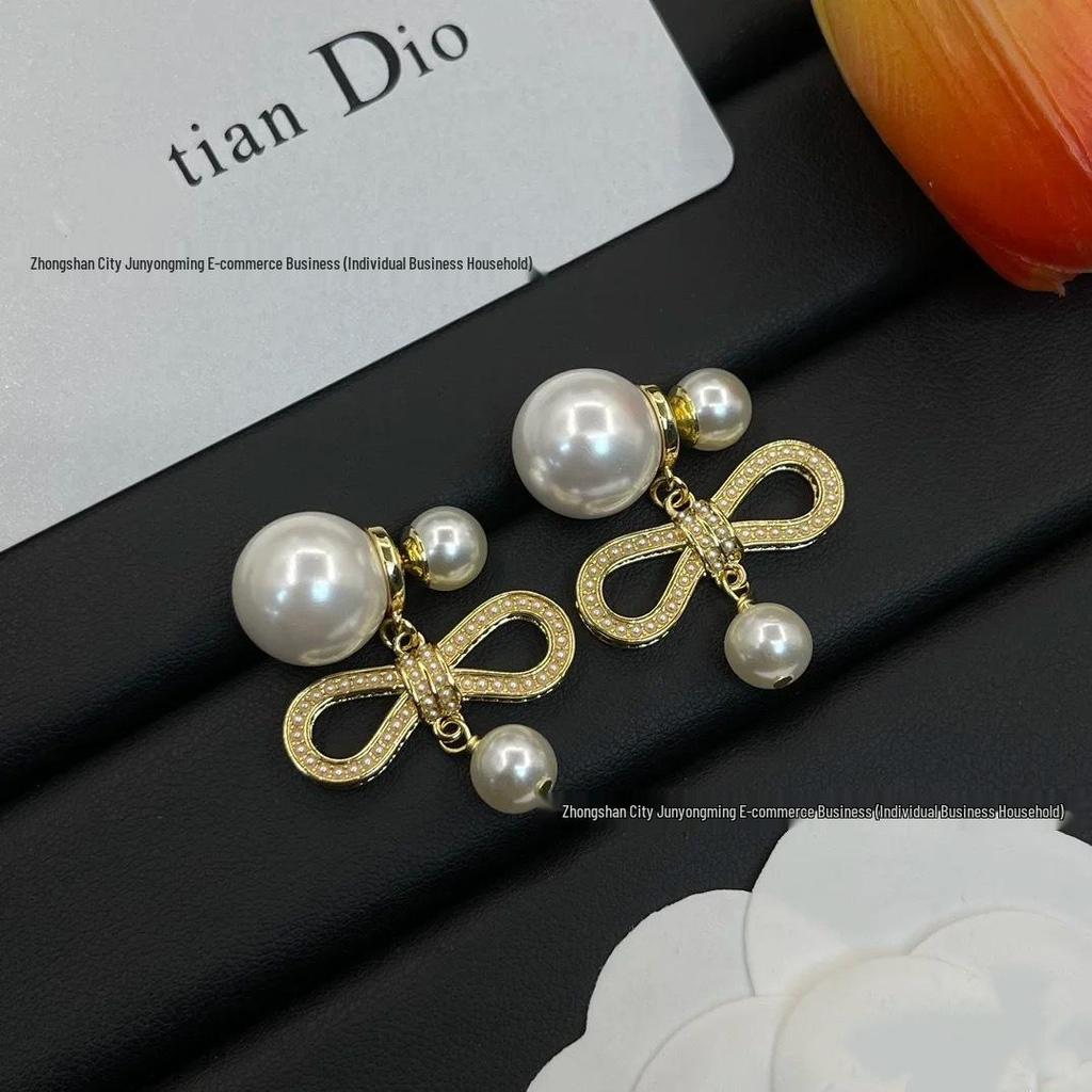 Di Jia D-House Two-Tone Tassel Bow Stud Earrings with Large & Small Pearls, Women's Fashion Luxury Style, 925 Silver.