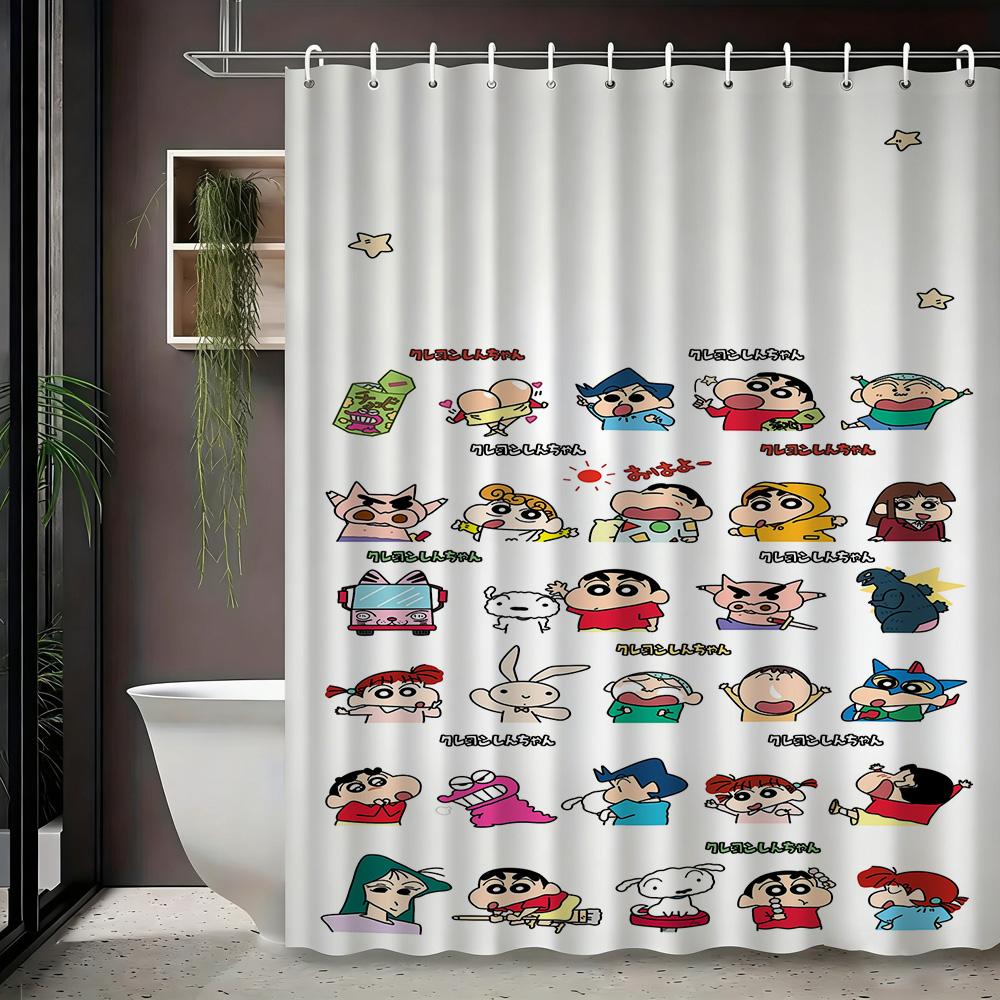 Crayon Shin-Chan & Friends & Shiro Night Forest Firefly Adventure Scene 2D Print Waterproof Shower Curtain, Mysterious Purple &