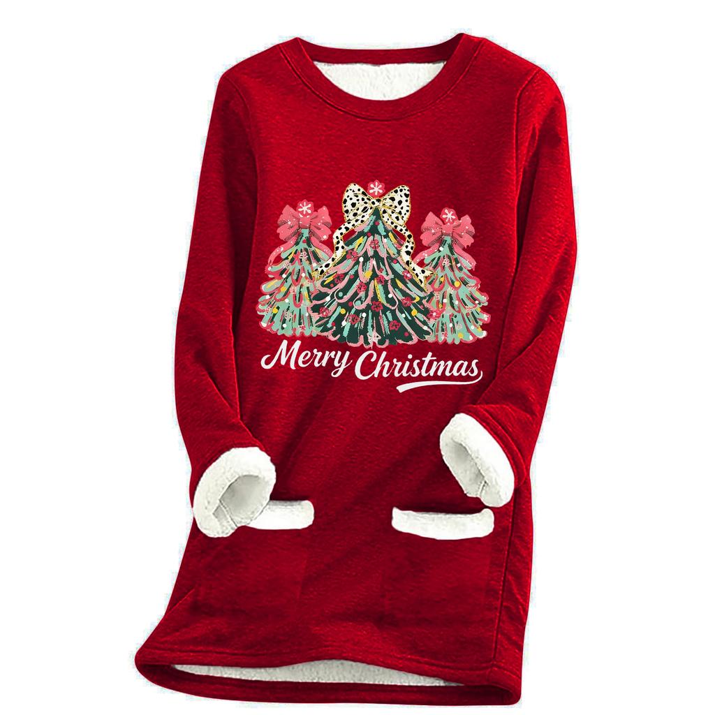 Damska luźna i wygodna bluzka z okrągłym dekoltem i nadrukiem świątecznym, z kieszeniami i długim rękawem