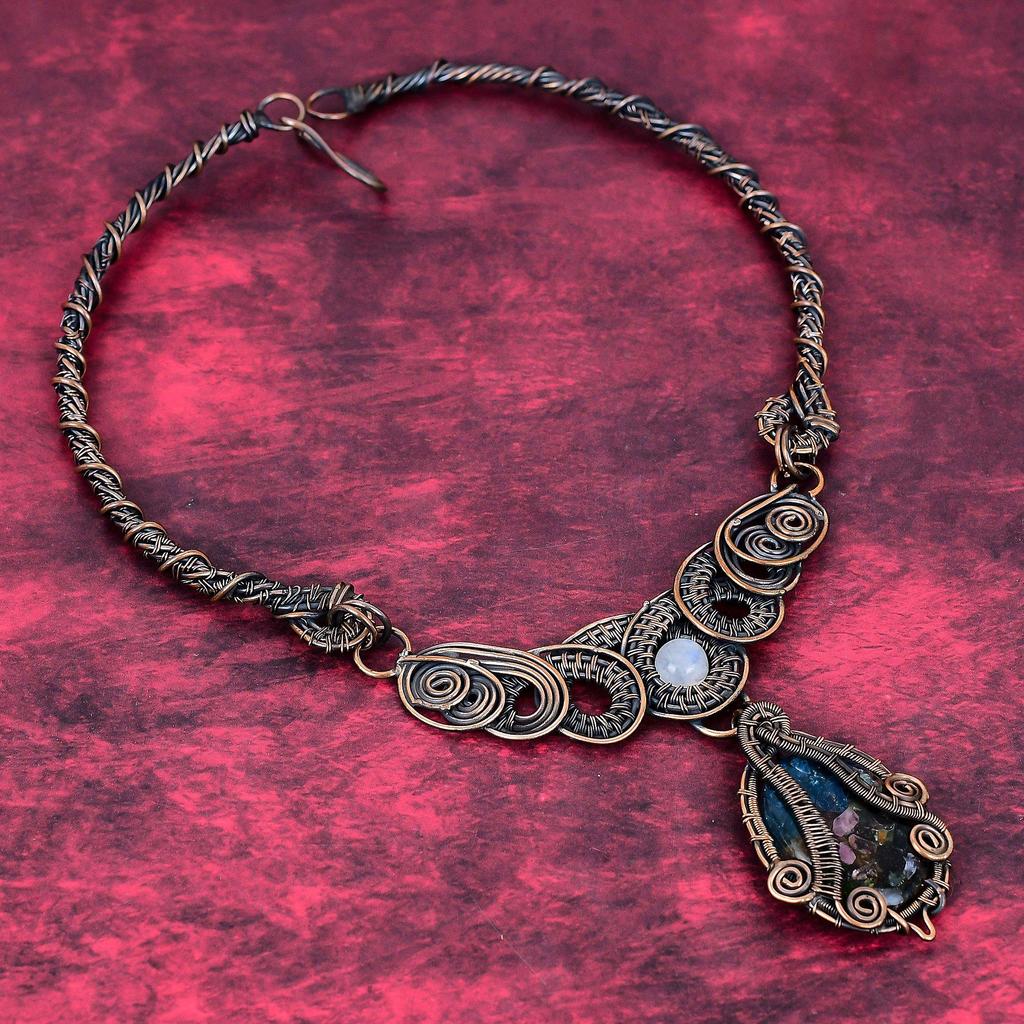 Copper watermelon tourmaline necklace copper wire wrapped gemstone necklace rainbow moonstone necklace handmade copper jewelry wedding gifts