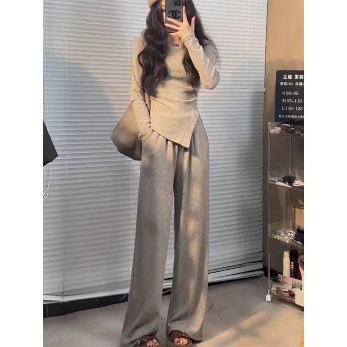 

Autumn new casual suit female slim and thin irregular long-sleeved t-shirt high waist drape wide-leg pants two-piece set XXL