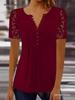 Lace Trim Pleated Solid Color Button Short Sleeve Women's T-Shirt