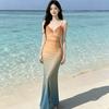 Island Vacation Wind Dopamine Gradual Change Mesh Suspender Dress Women's Summer Slim and Thin Pure Hip Wrap Dress