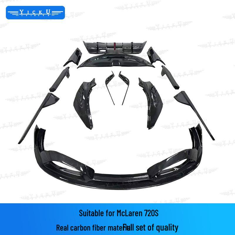 Compatible with McLaren 720S: BS Black Sail Carbon Fiber Front/Rear Lips, Side Skirts, Rear Wing, Fender, and Door Trim Strips.