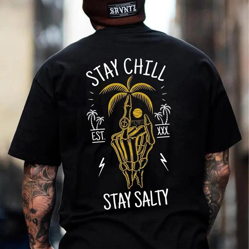 STAY CHILL STAY SALTY Bone Hand Coconut Tree Print Men s T-shirt M
