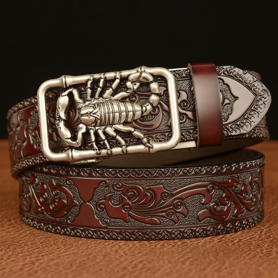 SupSindy Men Genuine Leather Belt Luxury Scorpion Metal Automatic Buckle Cowhide Belts for Men Jeans Waistband Male Strap Black