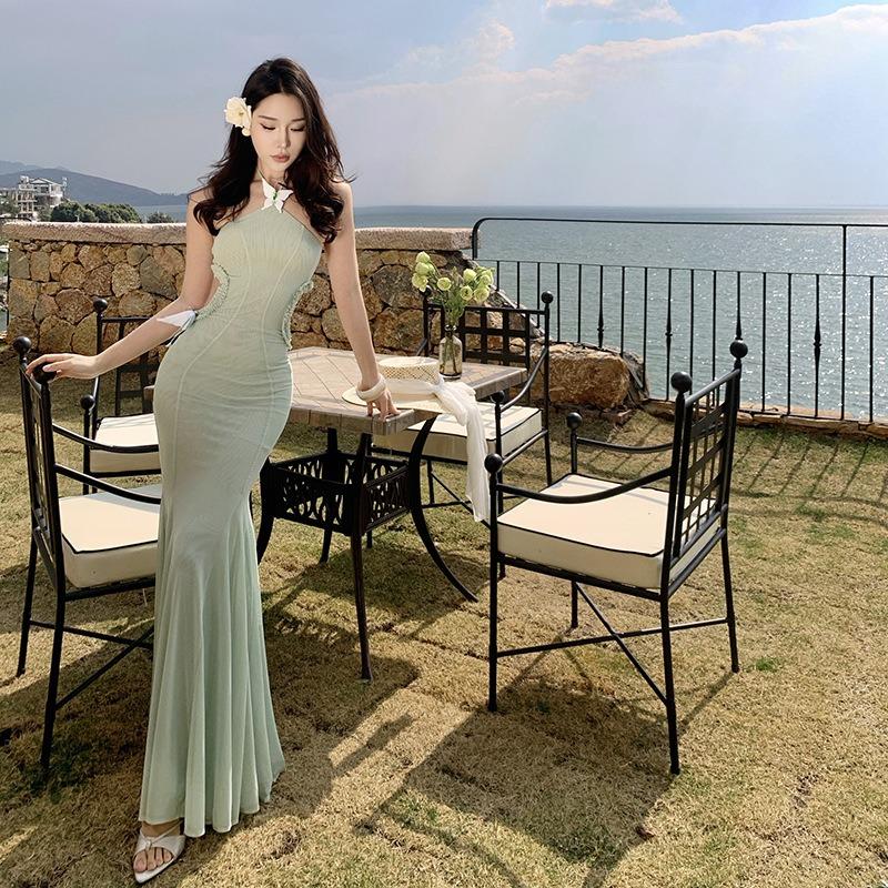 Niche Temperament Butterfly Neck Hollow Dress Backless Thin Fishtail Dress Long Dress Sea